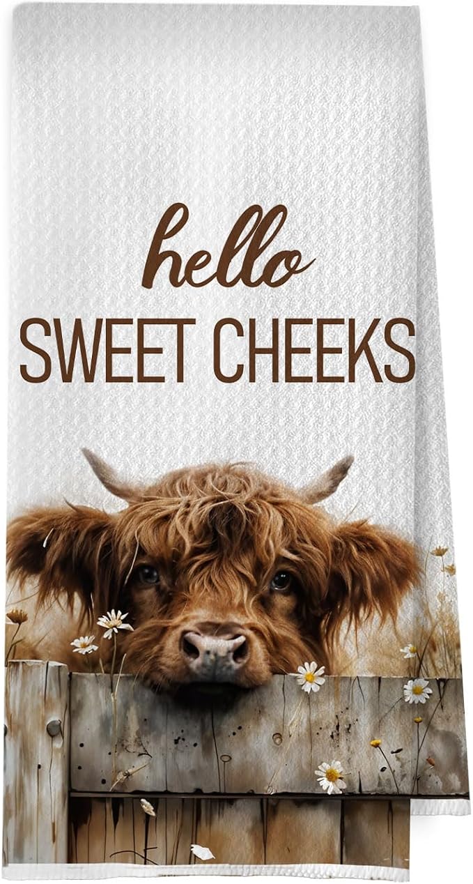 Hello Sweet Cheeks Highland Cow Bathroom Hand Towels 16x24 Inch, Farmhouse Highland Cow Kitchen Dish Towels Drying Cloth, Farmhouse Bathroom Kitchen Decor