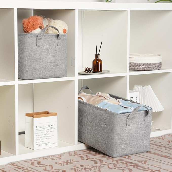 Bidtakay Rectangular Storage Basket, Collapsible Cube Storage Bins for Shelves, Waterproof PE Coating Storage Bins with Handles for Organizing Toys, Books, Blankets (15x10x9 inch-Grey)