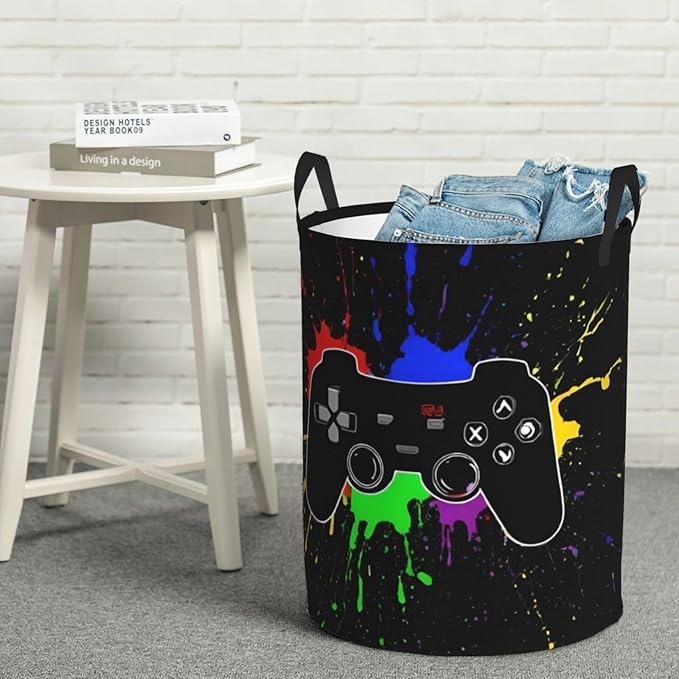 Gaming Theme Round Laundry Hamper Game Joystick Storage Basket Toys Clothes Organizer Bin For Home Bathroom Bedroom Dorm Nursery, 62l