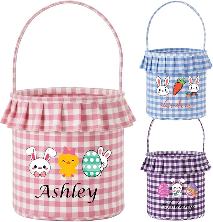 Personalized Easter Baskets for Kids Bunny Bucket Egg Basket Gingham Candy with Handle Tote Bucket Reusable Goody Baskets for Kids Gifts Bags