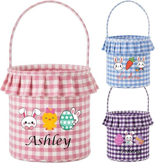 Personalized Easter Baskets for Kids Bunny Bucket Egg Basket Gingham Candy with Handle Tote Bucket Reusable Goody Baskets for Kids Gifts Bags