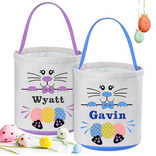 Personalized Easter Basket for Kids 2 Pcs, VAPCUFF Easter Baskets for Boys Girls Easter Bunny Basket Easter Basket Bags Easter Gifts Baskets for Kids Easter Empty Basket Easter Egg Hunt Basket