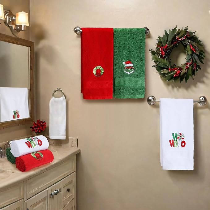 3 Pcs Merry Christmas Hand Towels for Bathroom Embroidered Bathroom Towels Farmhouse Decorative 13.78 x 29.53 Inch Absorbent Soft Cotton for Kitchen Dish Fast Drying Decor