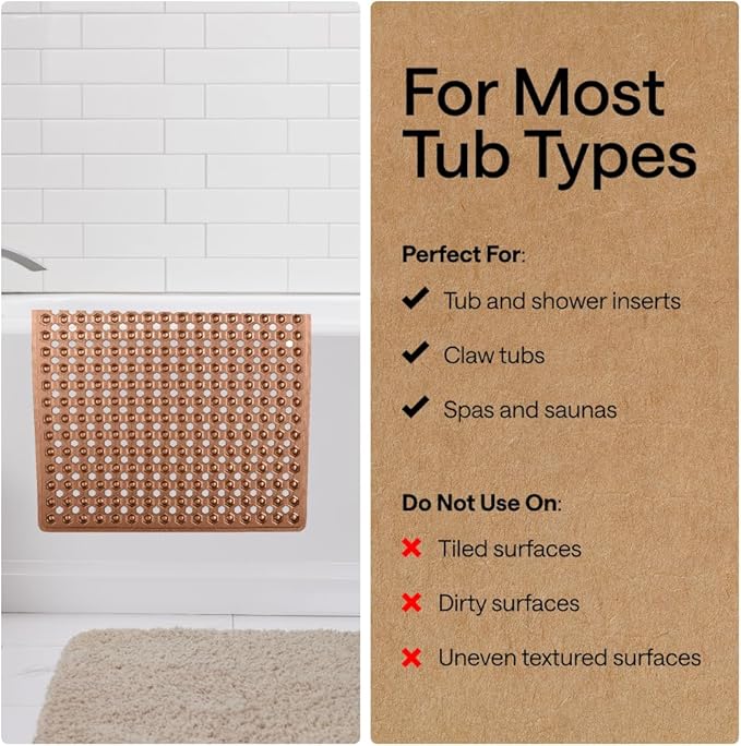 GORILLA GRIP Patented Bath Tub Shower Mat, Machine Washable Bathtub Floor Liner Mats, Suction Cups and Drain Holes to Keep Tubs Clean, Soft on Feet, Bathroom Essentials, 35x16 Inch, Brown