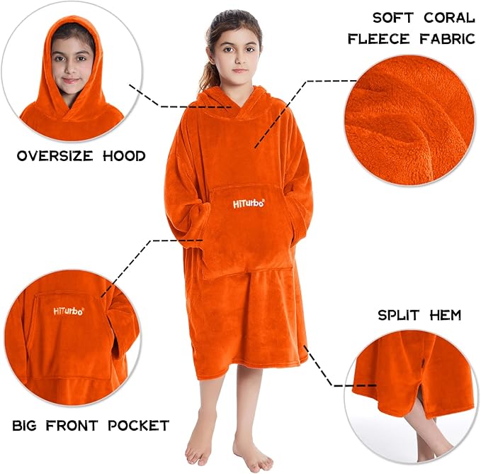 Hiturbo Kids Towel Changing Robe: Soft Plush Wearable Blanket - Warm Coral Fleece Hoodie - Swim Surf Poncho for 5-12 Years (Orange)