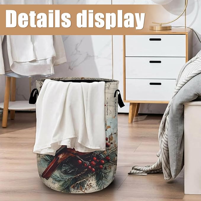 Vintage Red Bird Watercolor Laundry Basket, Red Cherry Branch Laundry Hamper Tote Bag Dirty Clothes Storage Bucket Toy Organizer for Bathroom/Laundry/Bedroom 15.7"x19.6"