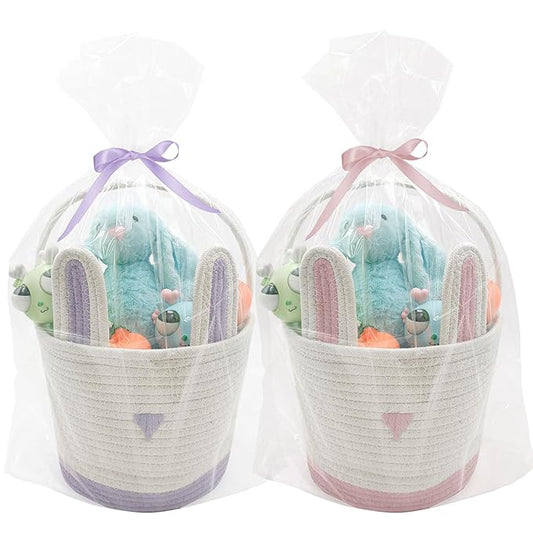 2 Pack Large Woven Easter Baskets for Girls & Kids - Empty Basket with Gift Bags and Ribbons Cute Easter Decorations Bunny Ears Designs (Pink+Purple)