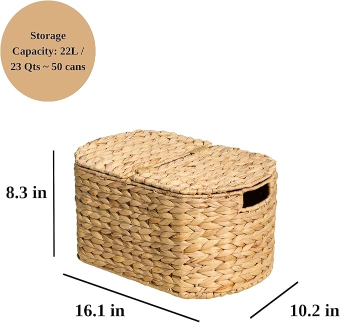 Woven Laundry Basket with Lid - Large Wicker Hamper with Lid for Clothes Storage - Round Rattan Laundry Hamper - Water Hyacinth Storage Basket with Lid (Natural Brown, 16.1x10.2x8.3 in)