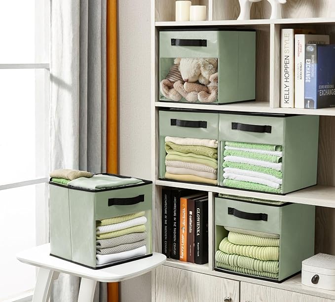 DECOMOMO Storage Cubes, 13 inch Cube Storage Bins with Window, Fabric Organizer Bins (13" / 6pcs, Green)