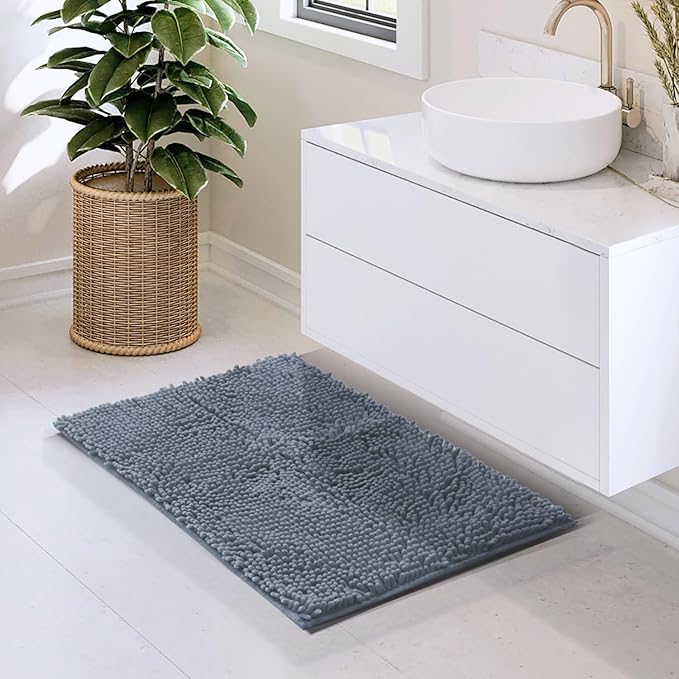 Hearth & Harbor Bathroom Rugs, Chenille Bath Mat - Machine Washable Bath Mats for Bathroom Non-Slip Backing Rubber, Quick Dry Bathroom Mat, 17 x 24 - Stone Blue
