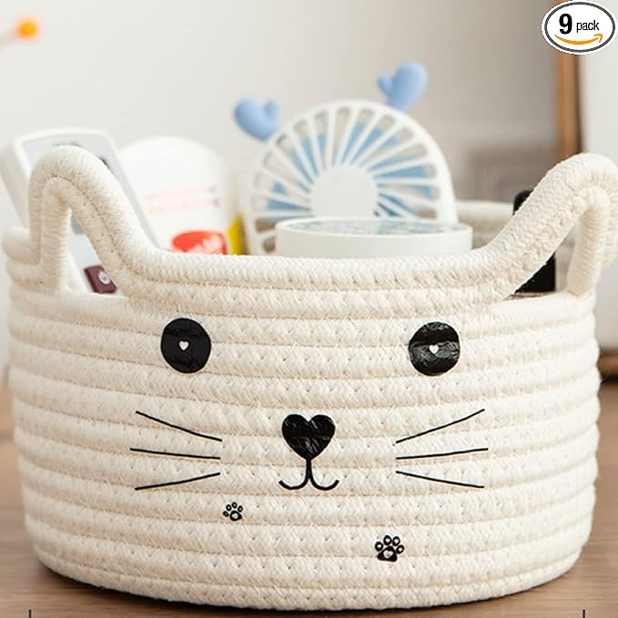 Zopeal Cat Basket Storage Woven Organizer with Ears Christmas Decorative Pet Toy Cute Cotton Rope Basket for Gift Cat Dog Toy Bin Nursery Room(8.3 x 4.7 Inch,White)