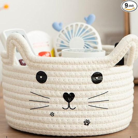 Zopeal Cat Basket Storage Woven Organizer with Ears Christmas Decorative Pet Toy Cute Cotton Rope Basket for Gift Cat Dog Toy Bin Nursery Room(8.3 x 4.7 Inch,White)
