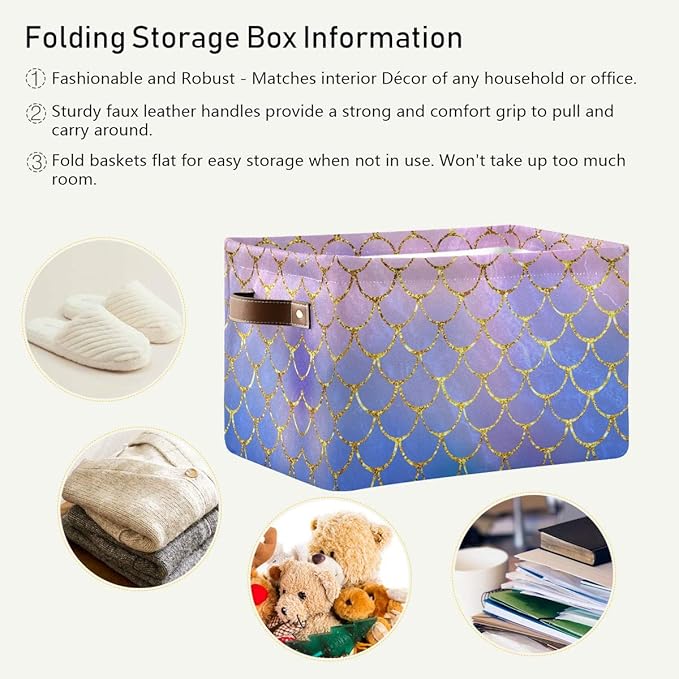 Rectangular Storage Bin Colorful Mermaid Fish Scales Basket with Handles - Toy Bins Laundry Storage Basket for Kids Toy Pets Room Closet