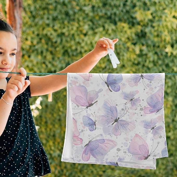 2 Pcs Watercolor Blue Butterfly Decorative Hand Towels for Bathroom,Soft Absorbent Pink Butterflies Pattern Dish Towels for Kitchen,Quick Dry Guest Bathroom Towels for Face,Shower 14"x28"