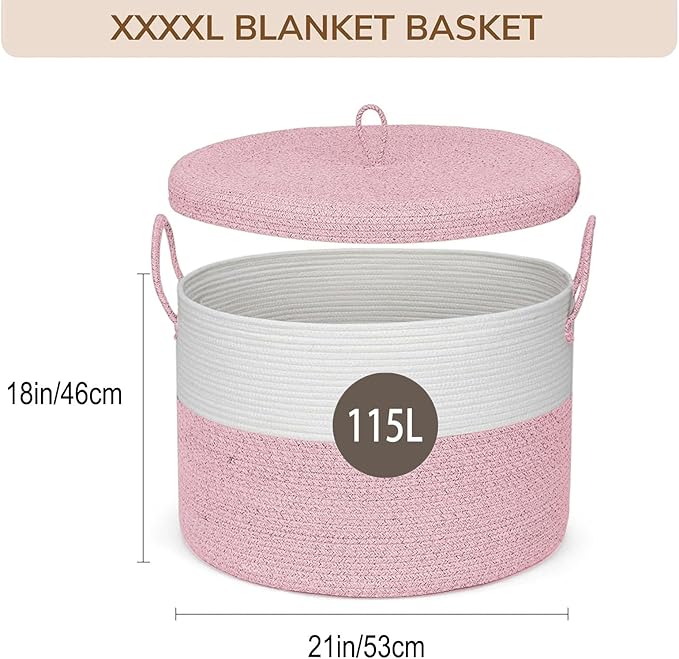 21" x 18" Extra Large storage baskets,Eco-friendly Decorative blanket basket with lid for Living room,rope baskets with lid,wicker hamper for bedroom,Big,Round,Pink 115L