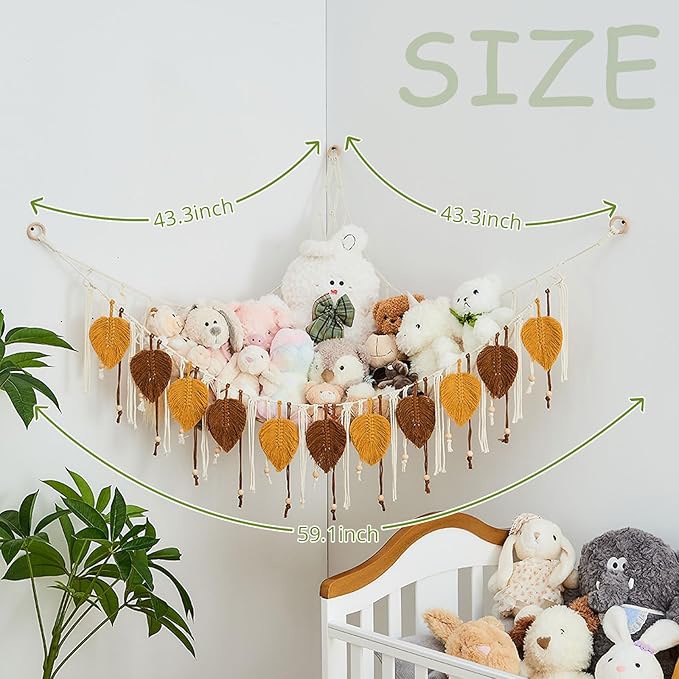 Pretty Jolly Macrame Stuffed Animal Hammock with Beads Hand Woven Leaf Tassels Corner Hanging Net Boho Plush Holder for Toys Kid Room Nursery Decor Organizer for Girls Gift(Dark Yellow&Caramel)