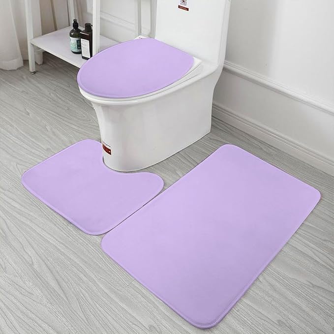 3 Pieces Bath Rug Sets, Light Lavender Trend Color Bathroom Mat Set Non Slip U Shaped Contour Rug & Toilet Lid Cover