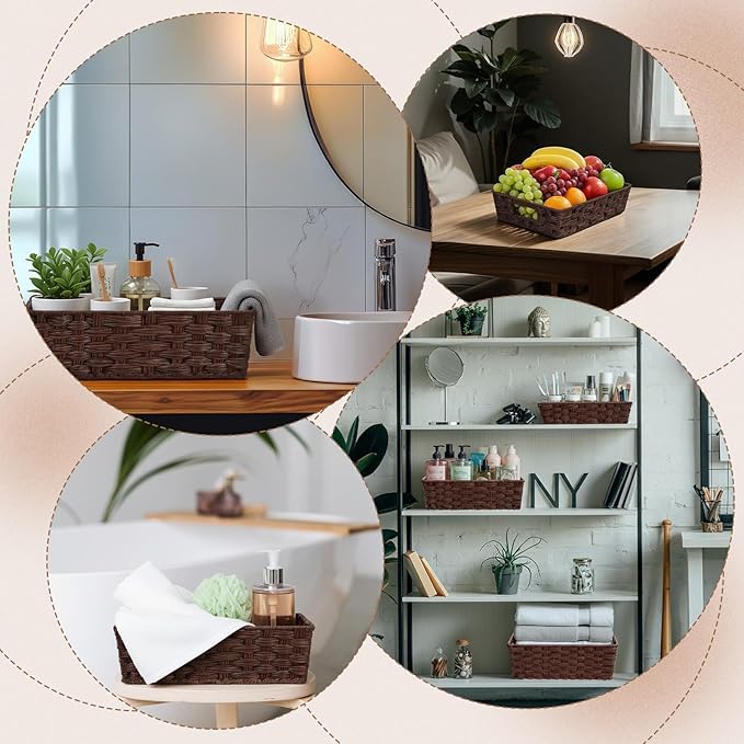 Set of 3 Large Wicker Storage Baskets for Shelves, Wicker Basket for Organizing, Waterproof Woven Baskets for Shelves and Pantry, Toilet, Bathroom, Bedroom, Patio(Brown)