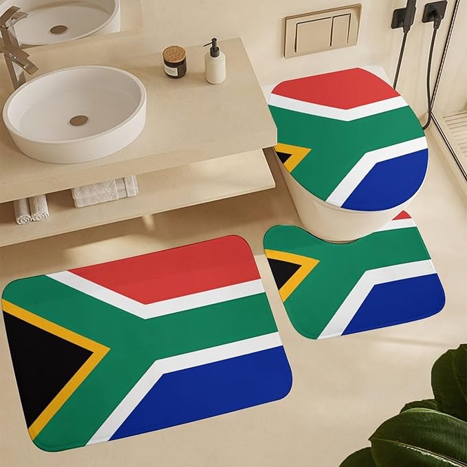 4 Piece Bathroom Rug Set with Shower Curtain, Non-Slip Bath Mat Toilet Cover Set, South Africa Flag Bathroom Rug Sets