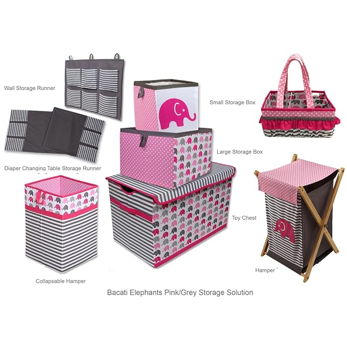 Bacati Elephants Girls Nursery Fabric Storage Caddy with Handles, Pink/Grey