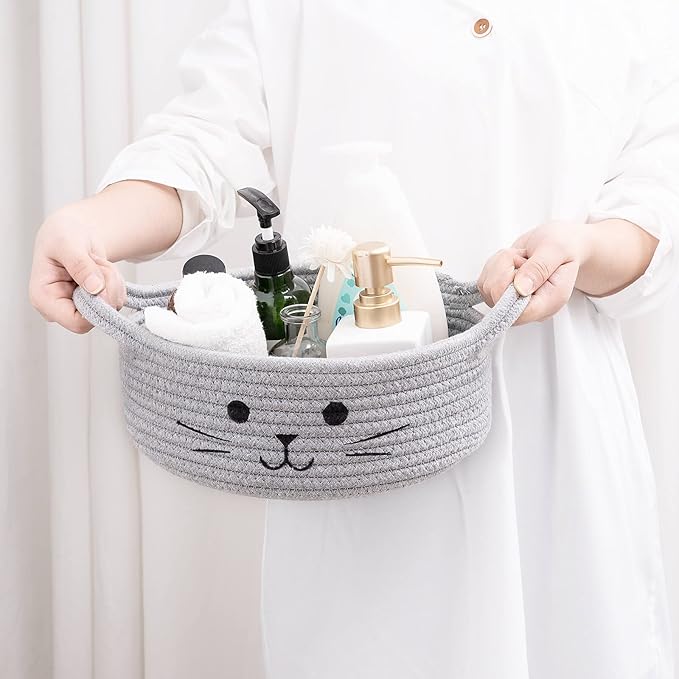 Small Woven Rope Storage Basket, Cute Cat Toy Basket for Living Room, Baby Baskets for Nursery, Gift Baskets Empty for Baby Shower, Grey, 9.8 x 4 inches