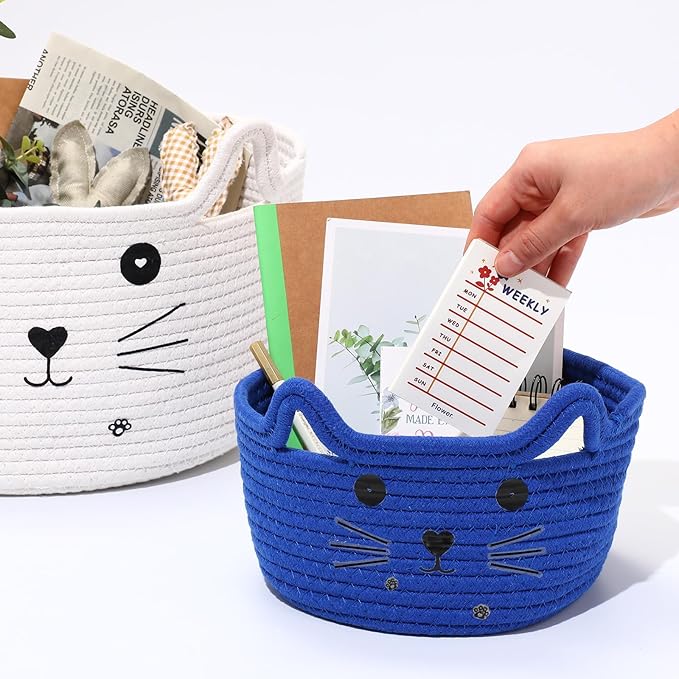 Zopeal Cat Basket Storage Woven Organizer with Ears Christmas Decorative Pet Toy Cute Cotton Rope Basket for Gift Cat Dog Toy Bin Nursery Room(8.3 x 4.7 Inch,Royal Blue)