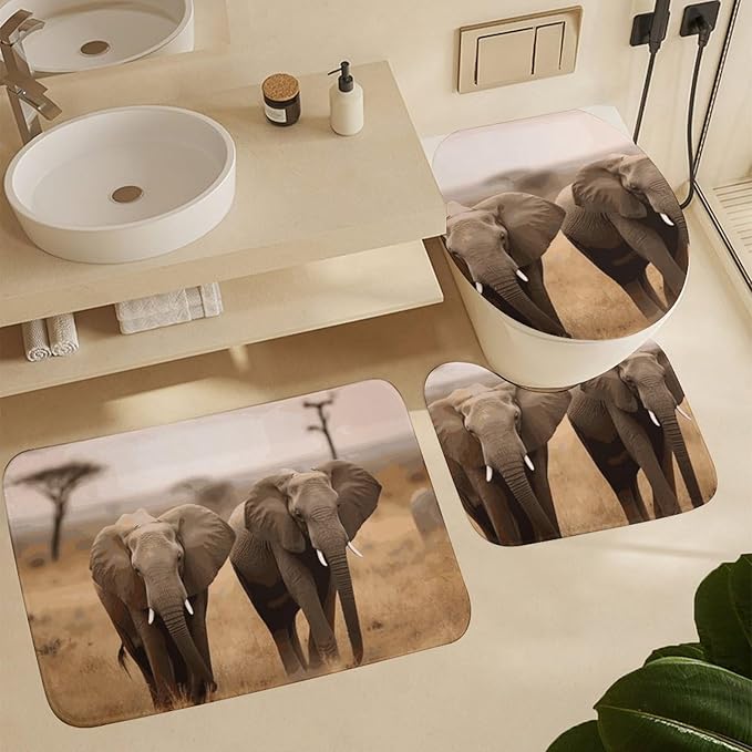 4 Piece Bathroom Rug Set with Shower Curtain, Non-Slip Bath Mat Toilet Cover Set, Wild Animals Elephants Bathroom Rug Sets