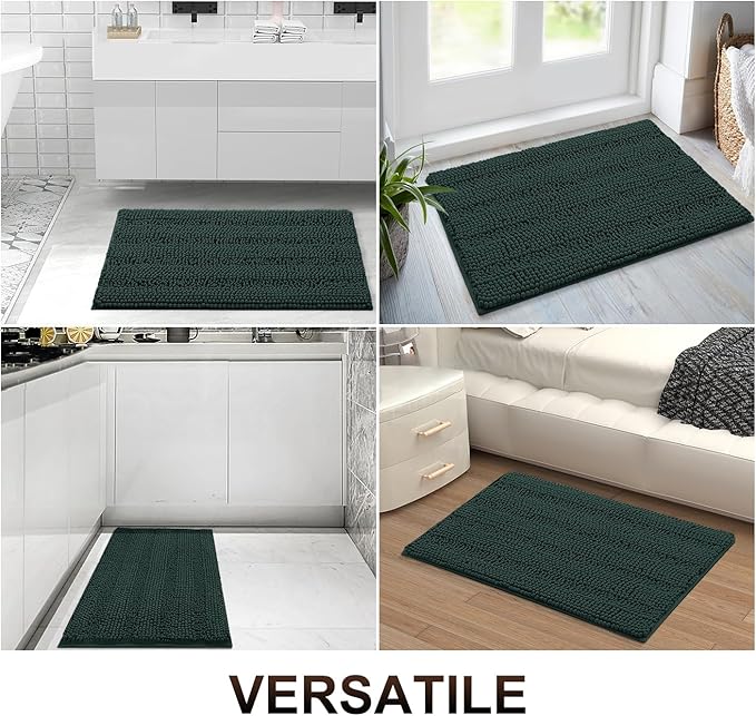 Grandaily Chenille Striped Bathroom Rugs 24x16, Extra Thick and Absorbent Bath Mats, Non-Slip Soft Plush Shaggy Shower Carpet, Machine Wash Dry, Bath Rug for Bathroom, (Small, Dark Green)