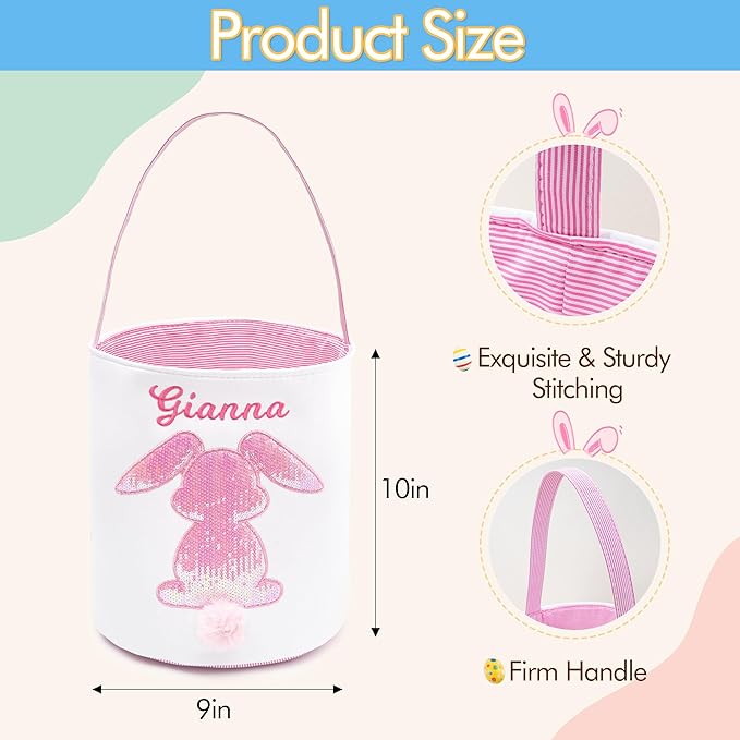 MT WORLD Toddler Easter Bunny Basket Personalized Easter Egg Hunt Bucket for Kids with Name Canvas Rabbit Bucket Tote for Baby Boys Girls Easter Party Decorations Candy Gifts Storage (Pink Glitter)