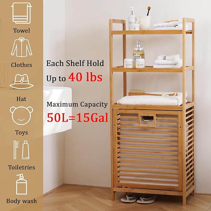 Bamboo Laundry Hamper with 3 Tier Shelves & Tilt Out Basket, Laundry Baskets Organizer Hampers Bathroom Storage Shelf for Laundry Room, Bathroom, Guest Room（3-Tier, Large）