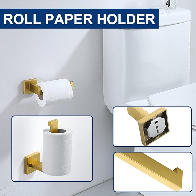 5 Pieces Bathroom Hardware Accessories Set Brushed Gold, 16Inch Bathroom Towel Rack Set SUS304 Stainless Steel, Square Bath Towel bar Set Heavy Duty, Wall Mounted