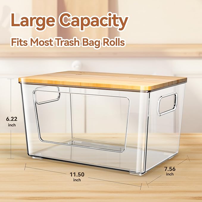 2 Pack Trash Bag Holder with Bamboo Lid, Stackable Trashbag Dispenser, Extra Large Garbage Bag Holder for Kitchen Laundry Room Under Sink Organization and Storage