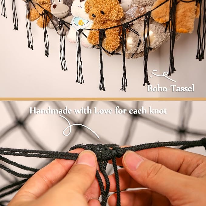 Stuffed Animals Hammock Corner Hanging Net with Tassel Macrame Stuffed Animal Storage Plush Toy Holder Toy Organizer for Boho Nursery Playroom Bedroom Kids Room Decor (black, Large)