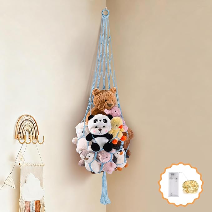 Stuffed Animal Hammock Corner Net with LED Light Plushies Storage Hammock for Stuffed Animals Boho Room Decor Macrame Wall Decor