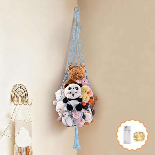 Stuffed Animal Hammock Corner Net with LED Light Plushies Storage Hammock for Stuffed Animals Boho Room Decor Macrame Wall Decor