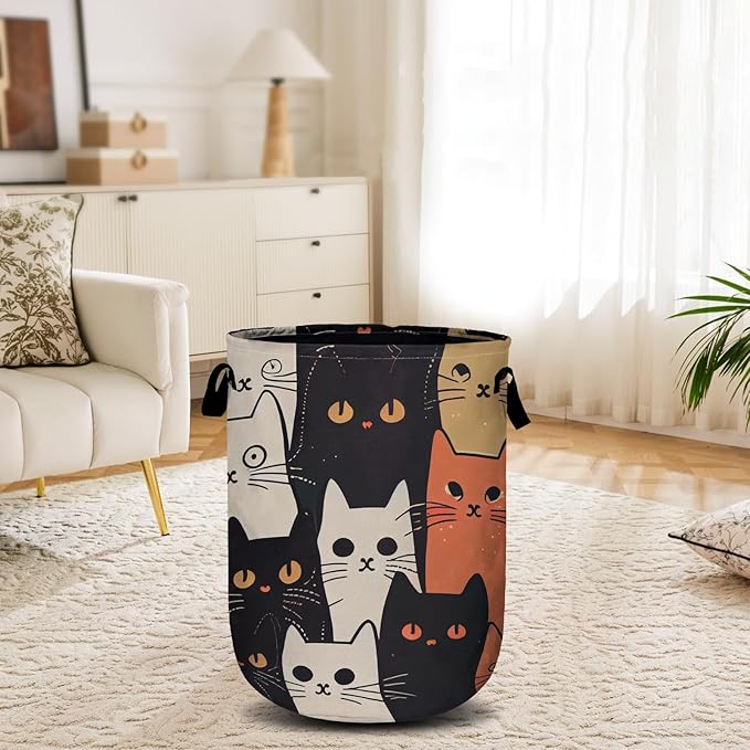 Watercolor Funny Cat Laundry Basket, Laundry Hamper Collapsible Oxford Cloth with Handle Clothes Toy Storage Bin for Bathroom Laundry Room Bedroom 15.7 X 20 Inch