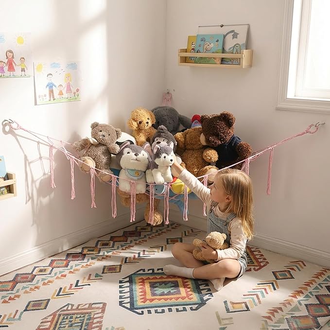 Stuffed Animals Hammock Corner Hanging Net for Macrame Stuffed Animal Storage Plush Toy Holder Toy Organizer for Boho Nursery Playroom Bedroom Kids Room Decor (light pink, Large)