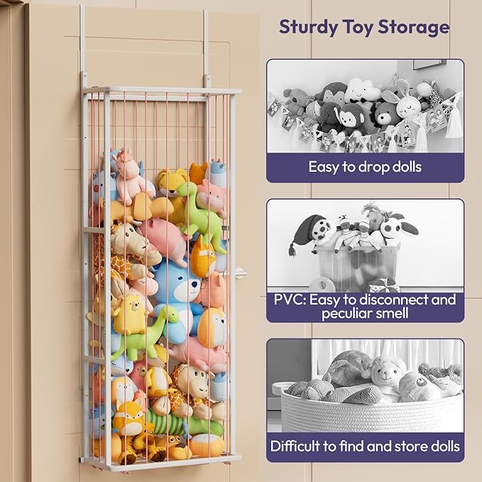 SWTYMIKI Large Stuffed Animal Storage - Over The Door Stuffed Animal Organizer, Toy Stuffy Storage for Nursery Play Room Bedroom Kid Room, Plush Organizer (Pink, 3-Tier)