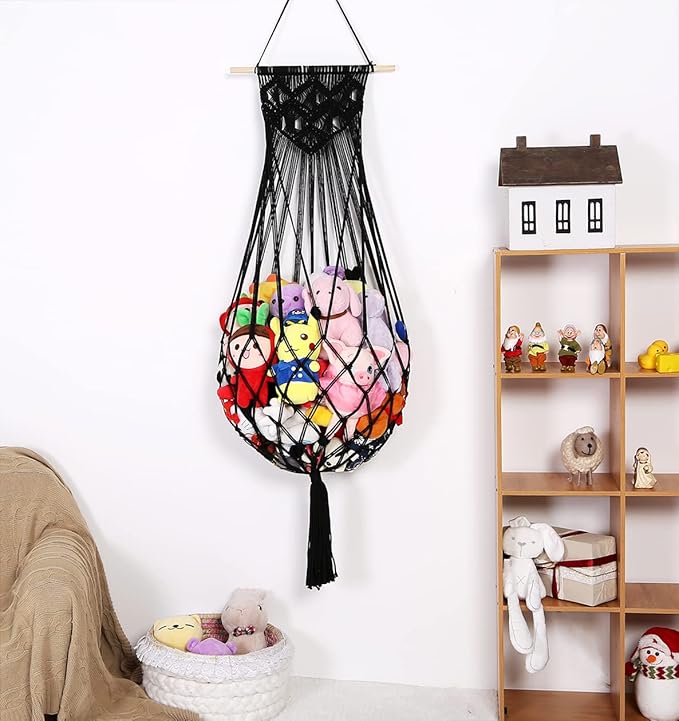 Stuffed Animal Hammock Wall Hanging Net for Stuffed Animal Net Stuffed Animal Storage Plush Toy Holder Toy Organizer for Boho Kidroom Nursery (Black)