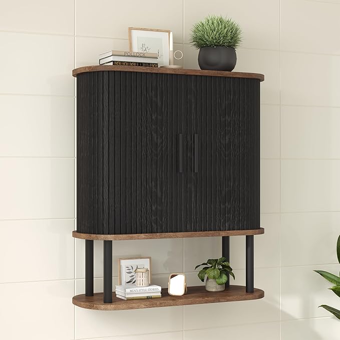 Bathroom Wall Cabinet, Over The Toilet Cabinet with Sliding Doors and Adjustable Shelf, Space Saver, Wall Mounted Medicine Cabinet for Laundry Room & Kitchen & Living Room, Black