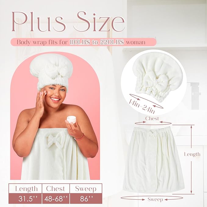 Xtinmee 2 Sets Womens Wrap Towel with Hair Towel Bath Towel Wrap Shower Dress Towel Spa Wraps for Women's Bathrobe (White, Plus Size)