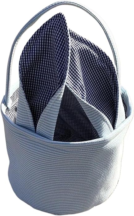 Personalized Seersucker Easter Basket with Gingham Bunny Ears - Custom Embroidered Canvas Basket