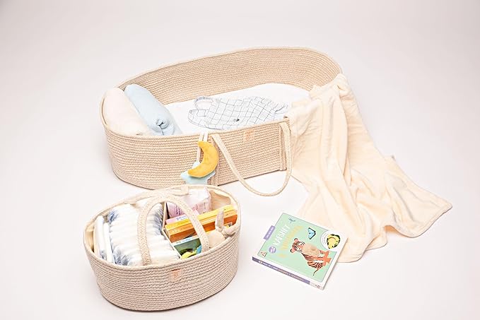 Trendy Baby Changing Basket- Unisex Baby Moses Basket Set of 4 Pieces, Waterproof Pad Cover, Caddy Diaper Organizer,Cotton Blanket - Boho Basket - Nursery Decor - Bassinet Changing Table Topper