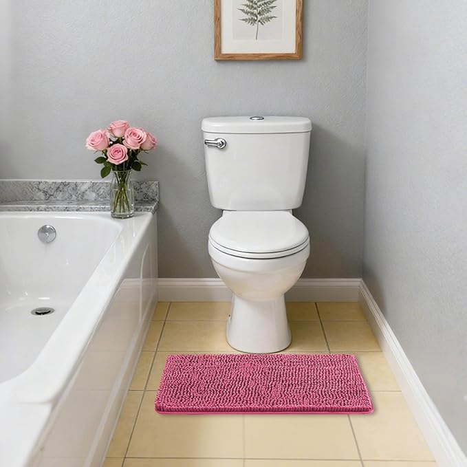 Hot Pink Bathroom Rugs 17"x24" - Plush Chenille Non-Slip Bath Mat - Absorbent, Washable, Soft and Thick Decor for Shower, Sink, Kitchen, Tub, Home Accessories