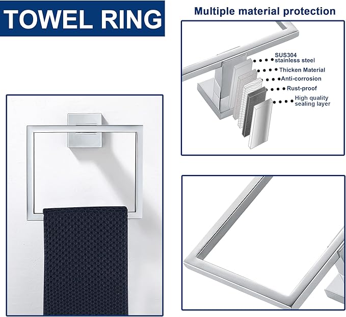 5 Pieces Bathroom Hardware Accessories Set Polished Chrome, 24Inch Bathroom Towel Rack Set SUS304 Stainless Steel, Square Bath Towel bar Set Wall Mounted, Heavy Duty