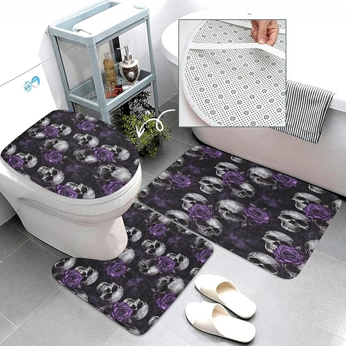 Gothic Skull Bathroom Set, 4-Piece with Shower Curtain 71x71, Bath Mat, Contour Rug, Toilet Lid Cover, Purple Roses Skull Pattern(Purple 2)