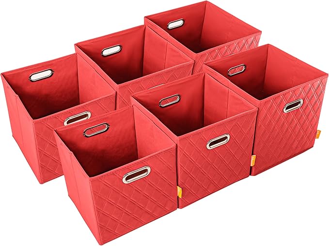 FH Group JIAessentials 11" Faux Leather Foldable Storage Cube Bins Set of 2 – Red Diamond Patterned Organizers with Handles for Closet & Shelves