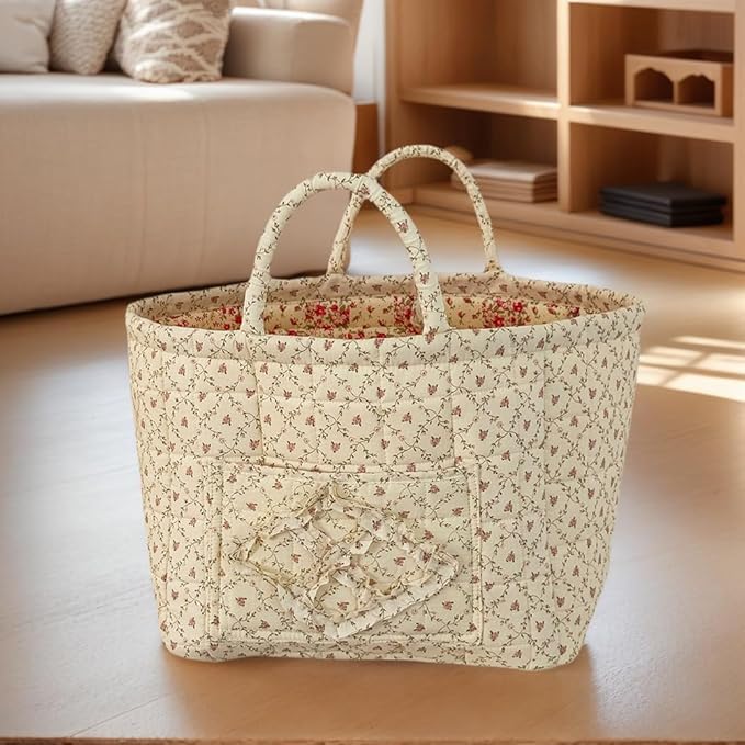 JQWYGB Foldable Laundry Basket Boho Bear Storage Basket Floral Quilted Fabric Car Storage Basket Handles Large Laundry Baskets for Clothes and Dolls