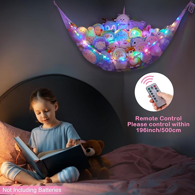 Basumee Stuffed Animals Net or Hammock with LED Light Hanging Toy Net Hammock for Stuffed Animals Storage Stuff Animals Hammocks for Nursery Room with Remote Control, 8 Kinds of Lights(Pack of 1)