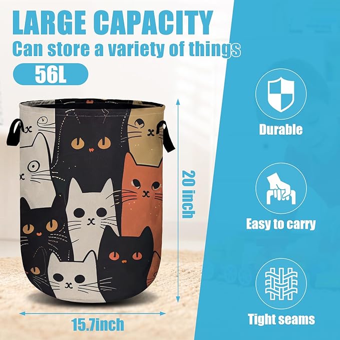 Watercolor Funny Cat Laundry Basket, Laundry Hamper Collapsible Oxford Cloth with Handle Clothes Toy Storage Bin for Bathroom Laundry Room Bedroom 15.7 X 20 Inch